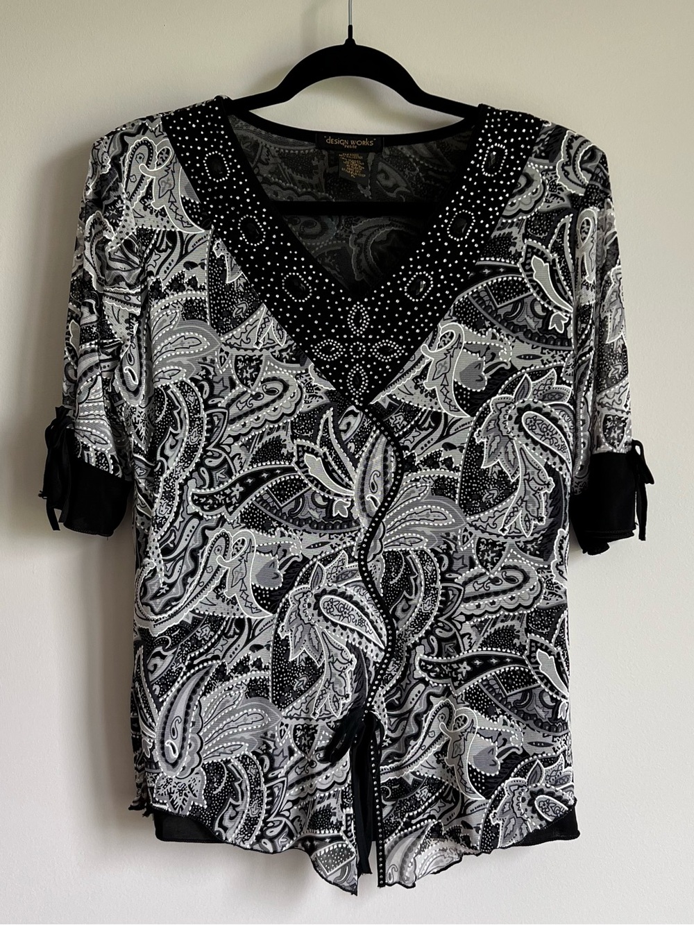90s Whimsigoth Paisley Print Blouse with Rhinestone Embellishments and Beading